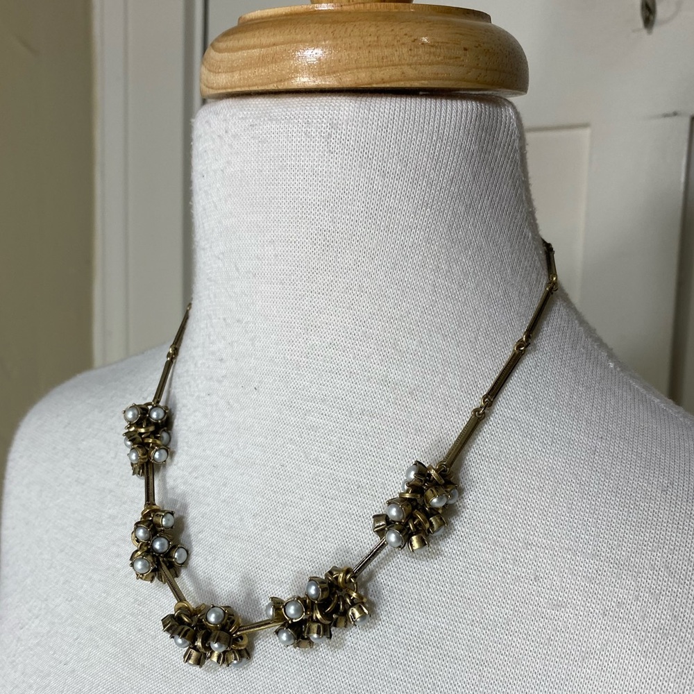 Ann Taylor Loft Antiqued Gold Tone Faux Pearl Cluster Necklace